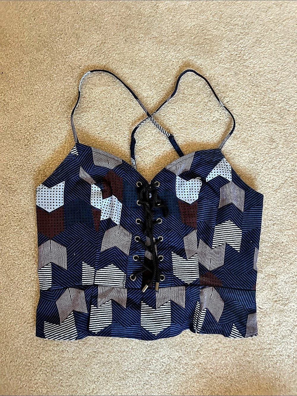 Free People Geometric Lace-Up Crop Top in Blue & Brown Like New
